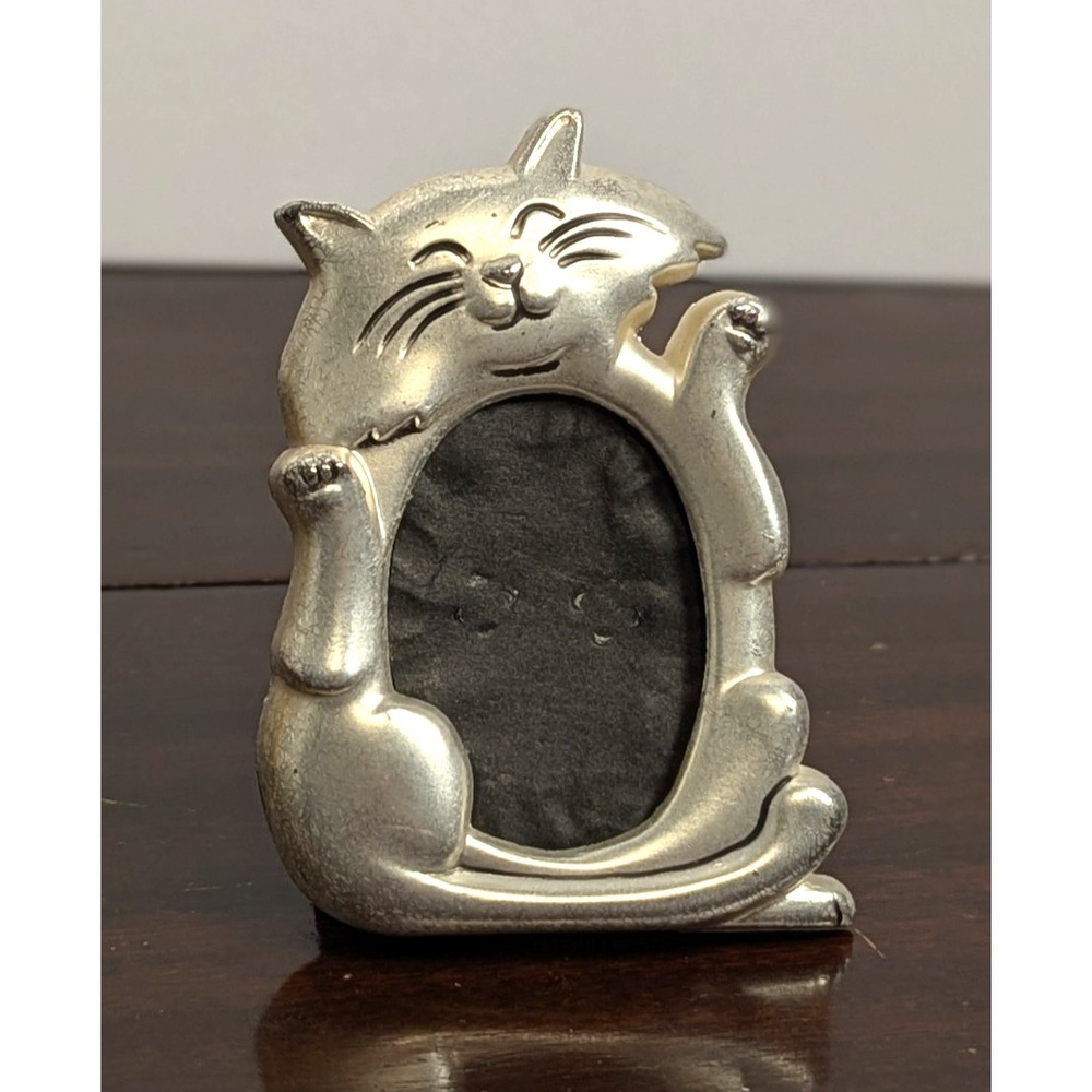 Silver Tone Cat Picture Frame Mini Desktop Photo Frame Whimsical Kitty Decor